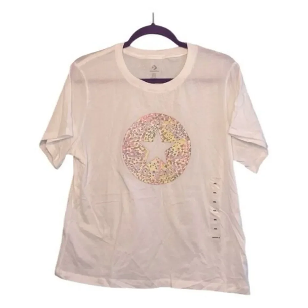 Converse Floral Logo Graphic Tee White Pink Yellow Knit Short Sleeve XXL